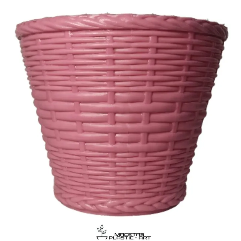 maceta de plastico redonda estilo mimbre rosa