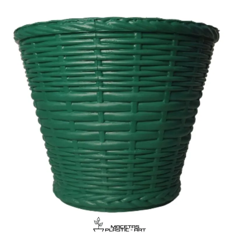 maceta de plastico redonda estilo mimbre verde oscuro