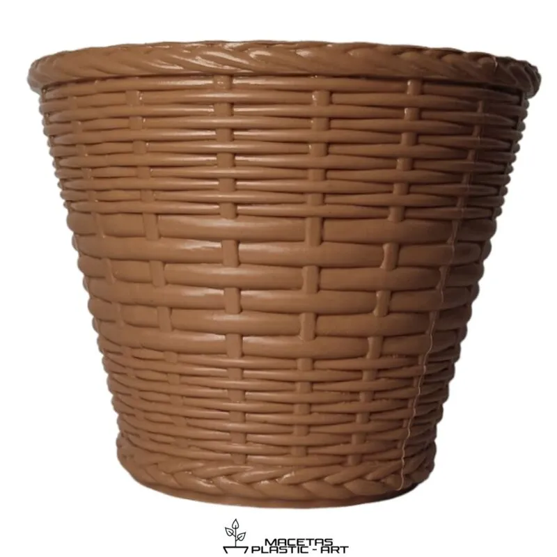 maceta de plastico redonda estilo mimbre marron