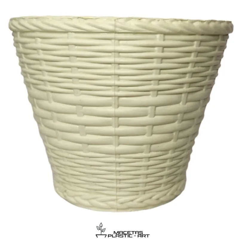 maceta de plastico redonda estilo mimbre verde oscuro